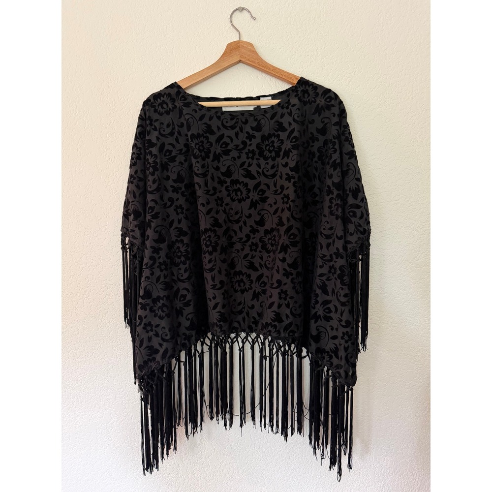 Rancho Estancia Poncho Women XL/XXL Black Excellent Velvet Burnout Fringe Boho